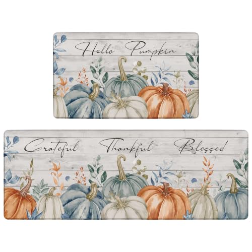 Fall Kitchen Rugs and Mats Set of 2 Blue Orange Autumn Maple Leaves Pumpkin Kitchen Decor Anti Fatigue Cushioned Kitchen Floor Mats Non Slip Waterproof Standing Mat for Laundry Office