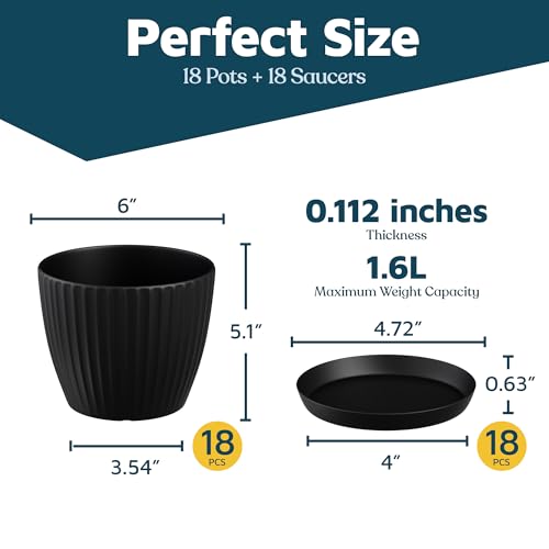 Black 6-Inch Plant Pots with Drainage & Saucers 18 Pack, Indoor & Outdoor Planters for Houseplants, Herbs, and Flowers, Durable & Weatherproof Material, Stackable, Lightweight, Minimalist Design - color: Black, size: Pack of 18