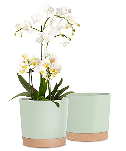 kubvici Indoor Plant Pots Set of 2 Planters 8 inch Plastic Planter with Hole & Saucer Modern Decorative for Outdoor Garden Home (Green, 8 inch) - color: Green, size: 8 inch