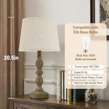 Table Lamps Set of 2, 20.5" Rustic Farmhouse Bedside Lamps with Linen Shade - color: Dark Brown