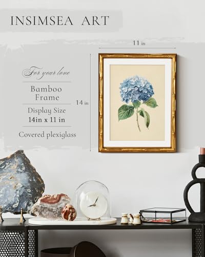 InSimSea Gold Bamboo Framed Wall Art, Retro Blue Hydrangea Prints, 11x14In - color: A Blue Hydrangea