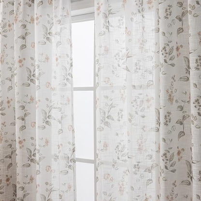 SUOUO Floral Semi Sheer Curtains Linen Textured 84 inches 2 Panels - color: Coffee-l, size: 52"W x 84"L (Pack of 2)