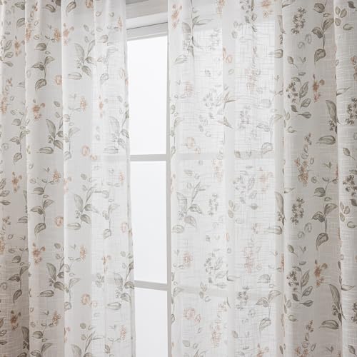 SUOUO Floral Semi Sheer Curtains Linen Textured 96 inches 2 Panels - color: Coffee-l, size: 52"W x 96"L (Pack of 2)