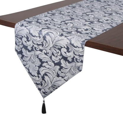 EHouseHome Jacquard Damask Reversible Blue and Grey Table Runners with Tassels 13 x 72 inch Wrinkle and Water Resistant Spill-Proof Decorative Dining and Wedding Runners - color: B&g With Tassels