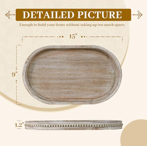 MAONAME Oval Decorative Wooden Tray, Washed White Rustic Wood Serving Tray - color: Wash White, size: 15" x 9" x 1.2"