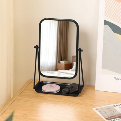 Small Desk Mirror with Storage Tray Tabletop Makeup Mirror Black - color: Rectangular-black