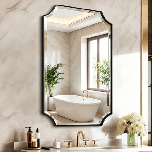 POZINO 40"x24" Premium Rectangle Beveled Bathroom Mirror for Over Sink - color: Black Scalloped, size: 40"L x 24"W