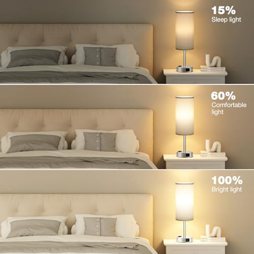 Fenmzee Grey Bedside Lamp for Bedroom, Dimmable Touch, USB A+C, AC Outlet - color: Grey - Silver, size: 14"