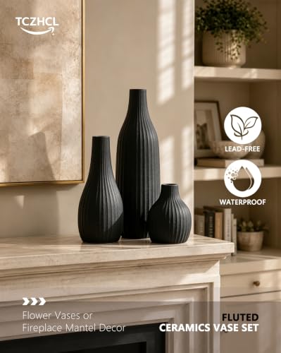 Minimal Line Black Ceramic Vase Set of 3, Matte Decorative Flower Vases - color: Black