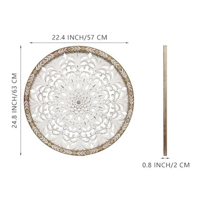 TwinLakes 24.8’’ Wooden Carved Mandala Wall Sculptures, Round Cutout Floral Wall Panel, Bohemian Wall Art for Living Room, Bedroom, Kitchen, Entryway