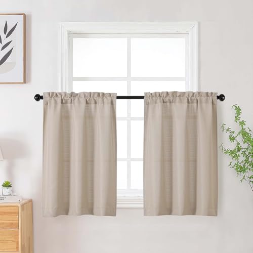 Linen Curtains Tier 24 Inch Length 2 Panels Set, Faux Linen Textured Light Filtering Short Cafe Curtains Drapes for Bathroom Basement Half Window, Rod Pocket Design, Linen, Each 30Wx24L Inch - color: Linen, size: 30"W x 24"L (Pack of 2)