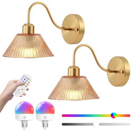 Set of 2 Vintage Battery-Operated Wall Sconces,Wireless Rechargeable Wall Light with Glass Lampshade，Dimmable Wall Lights with Remote Control for the Bedroom,Bathroom,Living Room,Bedside,Hallway - color: Amber-02