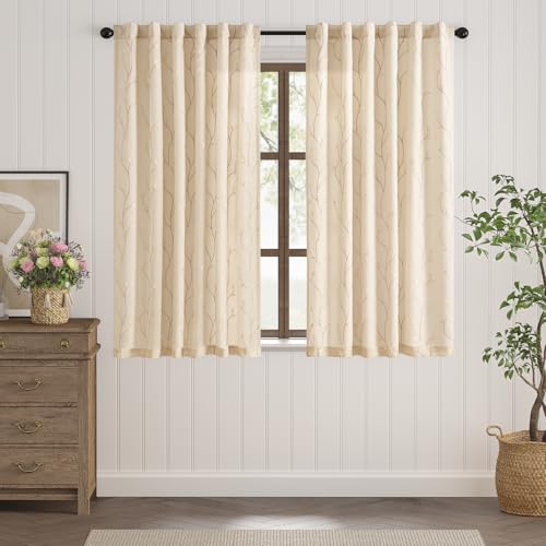 jinchan Lined Curtains Botanical Embroidered Sheers for Bedroom 63 Inch Length Embroidery Voile Leaf Curtains for Living Room Light Filtering Privacy Window Treatments 2 Panels Beige - color: Vine Lined Beige, size: 55"W x 63"L (Pack of 2)