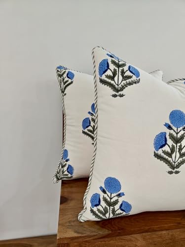 ATOSII Cotton Blockprint Throw Pillow Cover, Poppy Blue, Set of 2, 18 X 18 - color: Poppy Blue, size: 18" x 18" (Pack of 2)