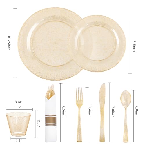 WELLIFE 210Pcs Gold Glitter Dinnerware Set, Gold Glitter Disposable Dinnerware for 30 Guests, Include: 30Dinner Plates, 30Dessert Plates, 90Gold Glitter Silverware, 30 Cups, 30 Paper Napkins - color: Gold Glitter, style: 210PCS（30 Guests）