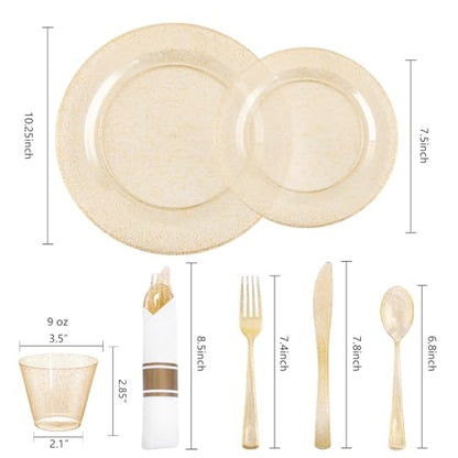 WELLIFE 210Pcs Gold Glitter Dinnerware Set, Gold Glitter Disposable Dinnerware for 30 Guests, Include: 30Dinner Plates, 30Dessert Plates, 90Gold Glitter Silverware, 30 Cups, 30 Paper Napkins - color: Gold Glitter, style: 210PCS（30 Guests）