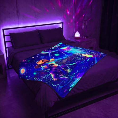 Blacklight Galaxy Alien Party Throw Blankets UV Reactive Night Sky Spaceship Throw Blanket Glow in the Dark Under Black Lights Game Room Decor Soft Throw Gifts 59x51 Inches - color: Alien Party