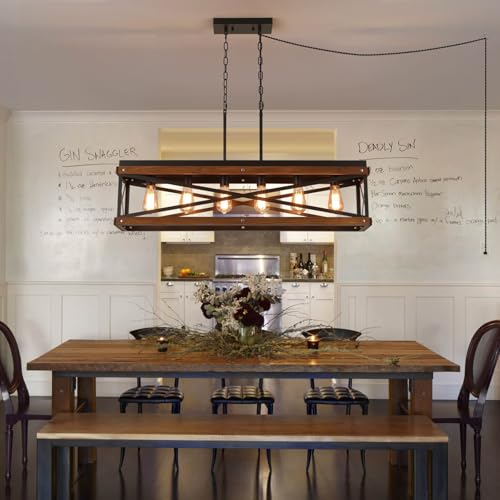 Rustic Farmhouse Plug in Kitchen Island Lighting, 6 Lights Rectangular Pendant Light Fixture with Adjustable Chain, Dimmable Switch, Oak Wood and Metal Linear Chandelier for Dining Room Home, Black - size: Large 6-Light Hanging Lamp