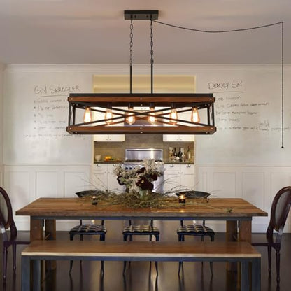 Rustic Farmhouse Plug in Kitchen Island Lighting, 6 Lights Rectangular Pendant Light Fixture with Adjustable Chain, Dimmable Switch, Oak Wood and Metal Linear Chandelier for Dining Room Home, Black - size: Large 6-Light Hanging Lamp