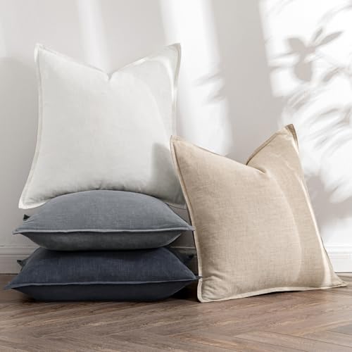 MIULEE Neutral Cream/Gray Boho Linen Pillow Covers 18x18 Inch Pack of 4 - color: Neutral Cream/Gray, size: 18" x 18" (Pack of 4)