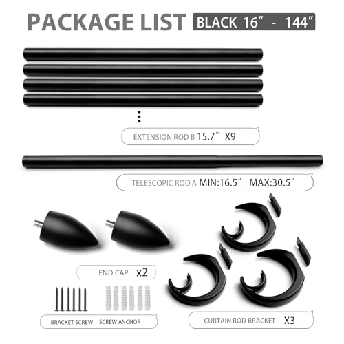 Modern Adjustable Curtain Rod Set 16 to 144 Inches, Sleek Window Rod for Bedroom, Living Room, Black - color: BLACK, size: 16" to 144"