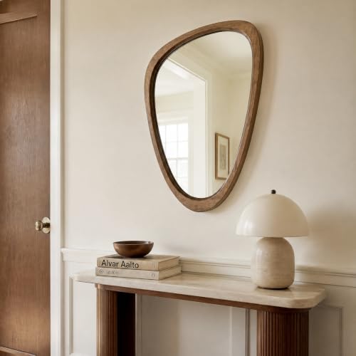 Asymmetrical Irregular Solid Wood Framed Wall Mirror, 20"x30" - color: Walnut, size: 30"L x 20"W