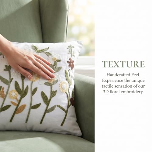Neutral Daisy Floral Embroidered Pillow Covers 18x18 Set of 2 - color: White Green Camel, size: 18" x 18" (Pack of 2)