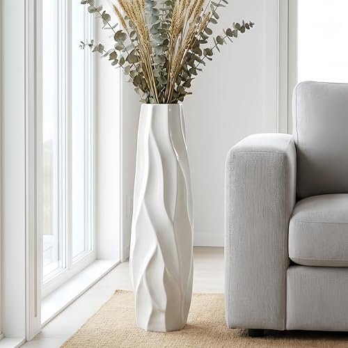 White Tall Ceramic Floor Vase, 28 Inch, Pleated Wave Design - color: Shape 1, size: 28 Inch