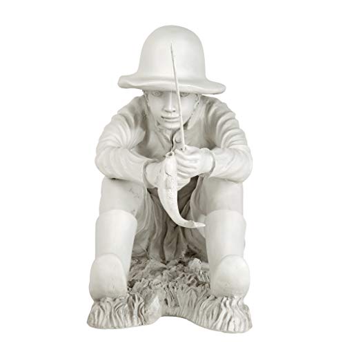Design Toscano Gone Fishing Fisherman Boy Garden Statue, 17 Inch Tall, Cast Stone Resin, Two Tone Stone Finish - color: Gone Fishing Fisherman