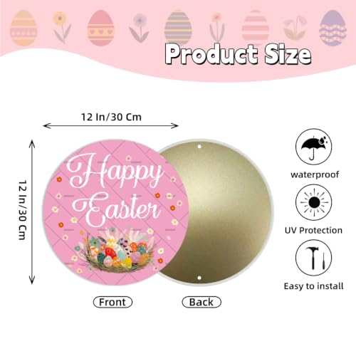 EMOHAT Happy Easter Round Metal Tin Sign with Cute Easter Egg, 12x12 Inch Wreath Style Wall Decor, Spring Front Door Hanging Sign for Porch Indoor Home - color: Happy Easter, size: 12x12 Inch
