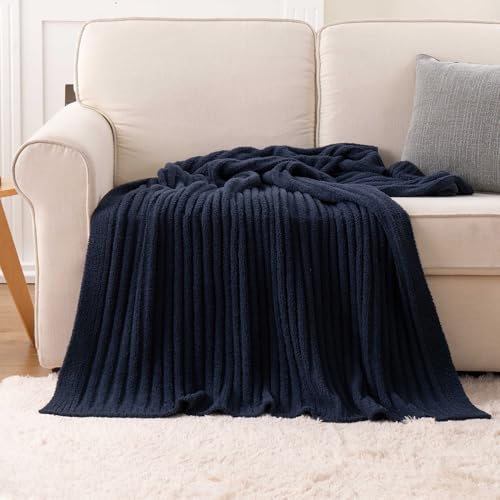 Battilo Navy Blue Throw Blanket for Couch, Navy Chenille Blanket, 50"x60" - color: Navy, size: 50"x60"