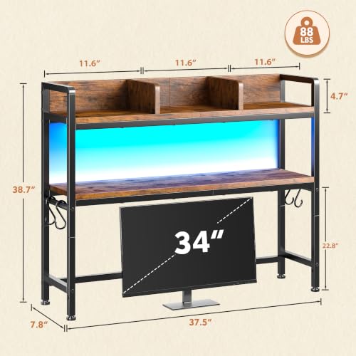REIBII 2-Tier Desk Shelf with LED for Bedroom and Home Office, Rustic Brown - color: Rustic Brown, size: 7.8"D x 37.5"W x 38.7"H