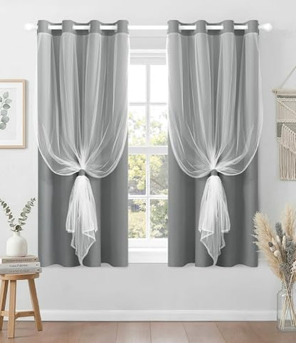 100% Blackout Curtains with Sheer Overlay, Grey, 52 x 63 inch, 2 Panels - color: Grey, size: 52"W x 63"L (Pack of 2)