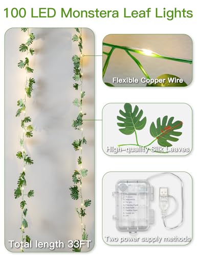 suddus 33FT Monstera Vines with Lights Battery & USB Powered Copper Wire - color: Monstera, size: 100 LED-Battery