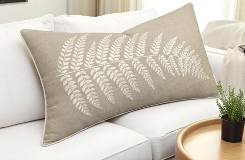 Rudransha Botanical Fern Leaf Embroidery Lumbar Pillow Cover - 12x18 Natural Linen - color: Natural-ferny, size: 18" x 12" (Pack of 1)