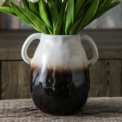 Tanvecle White Grad Ceramic Vase with Handles, 7" Modern Farmhouse Decor - color: White Grad
