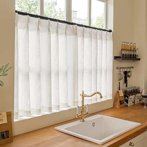Natural Cream Linen Cafe Curtains 24 Inch Length Pinch Pleated 2 Panels Set - color: Natural, size: 40"W x 24"L (Pack of 2)