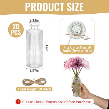 Glass Bud Vases Set of 20, Clear Small Flower Vases Bulk with Twines Ropes, Mini Ribbed Vase for Centerpieces, Decorative Glass Vases for Wedding Table, Party, Home Decor
