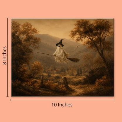 Halloween Wall Art Decor, Ghost Witch Broom Canvas Print Framed 8x10 Inch - color: I