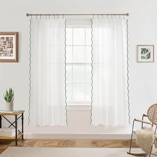 DriftAway Semi Sheer Scalloped Edge White Coastal Beach Window Curtains for Living Room Bedroom 2 Panels Rod Pocket Each Size 52 Inch by 63 Inch Loden Green - color: White Loden Green, size: 52"W x 63"L (Pack of 2)