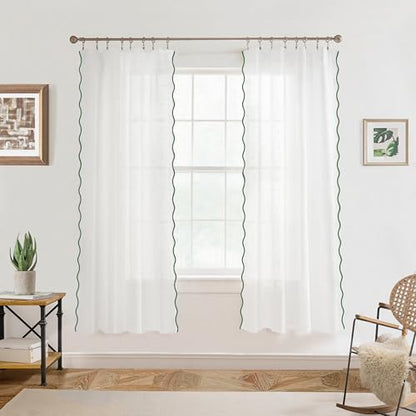 DriftAway Semi Sheer Scalloped Edge White Coastal Beach Window Curtains for Living Room Bedroom 2 Panels Rod Pocket Each Size 52 Inch by 63 Inch Loden Green - color: White Loden Green, size: 52"W x 63"L (Pack of 2)