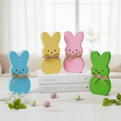 Easter Spring Decorations for Home – 4 Pcs Wooden Bunny Table Decor, Wood Rabbit Tabletop Signs with Jute Bows for Tiered Tray Mantel Shelf Office Easter Party Supplies