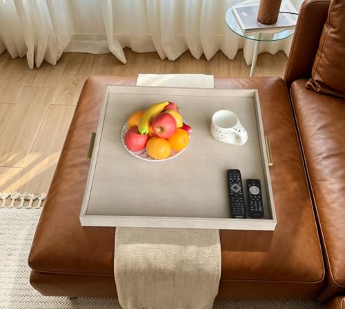 HofferRuffer Extra Large Square Serving Tray, Elegant Faux Leather Ottoman Tray with Gold Hardware Handles, Serve Tea, Coffee or Breakfast in Bed, 24 x 24 inches (Light Grey, 24" x 24" x 2") - color: Light Grey, size: 24" x 24" x 2"