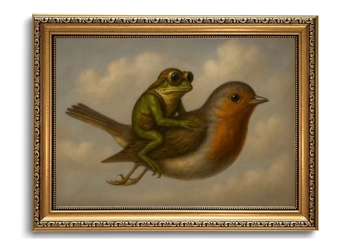 Vintage Gold Framed Wall Art Whimsical Frog Riding Bird Canvas Print - color: Frog Bird, size: 16"L x 12"W