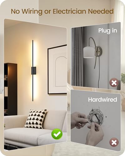 39.4" Wireless Wall Sconces Battery Operated Set of 2, Rechargeable Lamps with Remote, 360° Rotation, 10000mAh, Touch Dimmable Lights for Bedroom, Living Room, Hallway, Black B07YBP205 - color: Black, size: 39.4 Inches