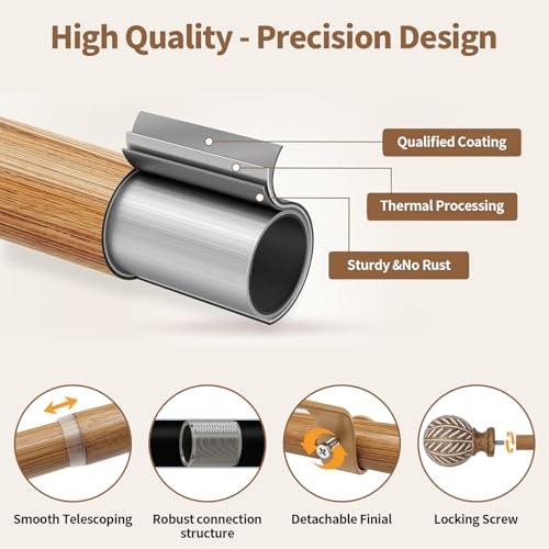 Wood Curtain Rod for Windows 66" to 120" Adjustable Heavy Duty Curtain Rod - size: 66-120"（1 Pack)