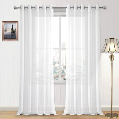 DWCN White Sheer Curtains, Linen Look Semi Transparent Voile Grommet Top Solid Lightweight & Airy Gauzy Curtains & Drapes for Living Dining Room Drapes W60 x L102 Inch Long, Set of 2 Panels - color: White, size: 60"W x 102"L (Pack of 2)