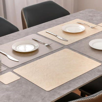 Vinyl Placemats Set of 4, Dual Sided Place Mats with Drink Coasters - color: Beige/Light Gray Two-tone, size: Set of 4