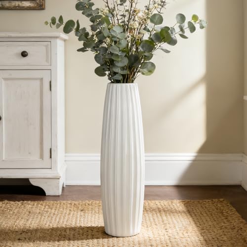 White Tall Ceramic Floor Vase, 24 Inch, Ribbed Drum Design - color: Vertical Stripes, size: Height-24 Inch
