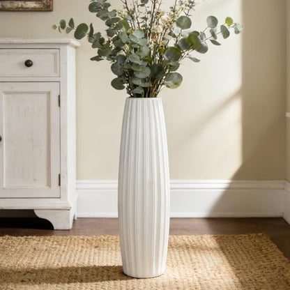 White Tall Ceramic Floor Vase, 24 Inch, Ribbed Drum Design - color: Vertical Stripes, size: Height-24 Inch